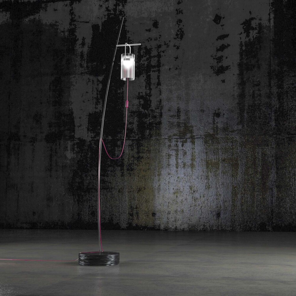 Lampadaire Baxter, hampe d’acier et diffuseur de verre suspendu