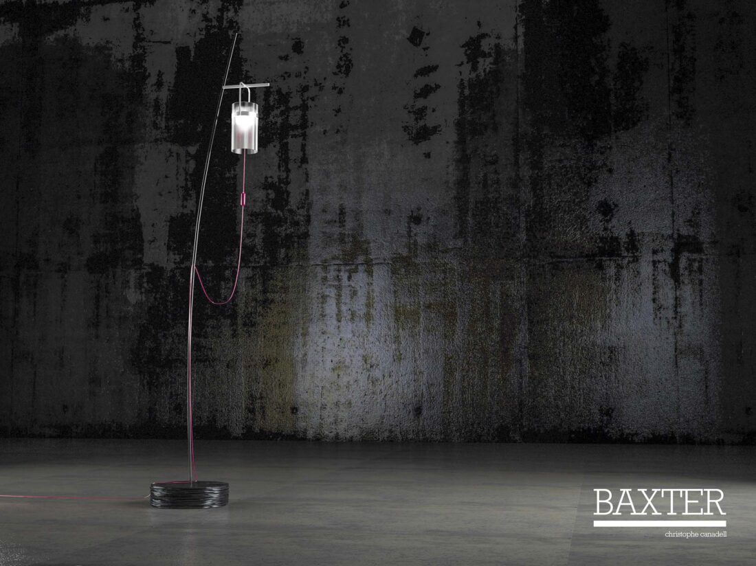 Lampadaire Baxter, hampe d’acier et diffuseur de verre suspendu