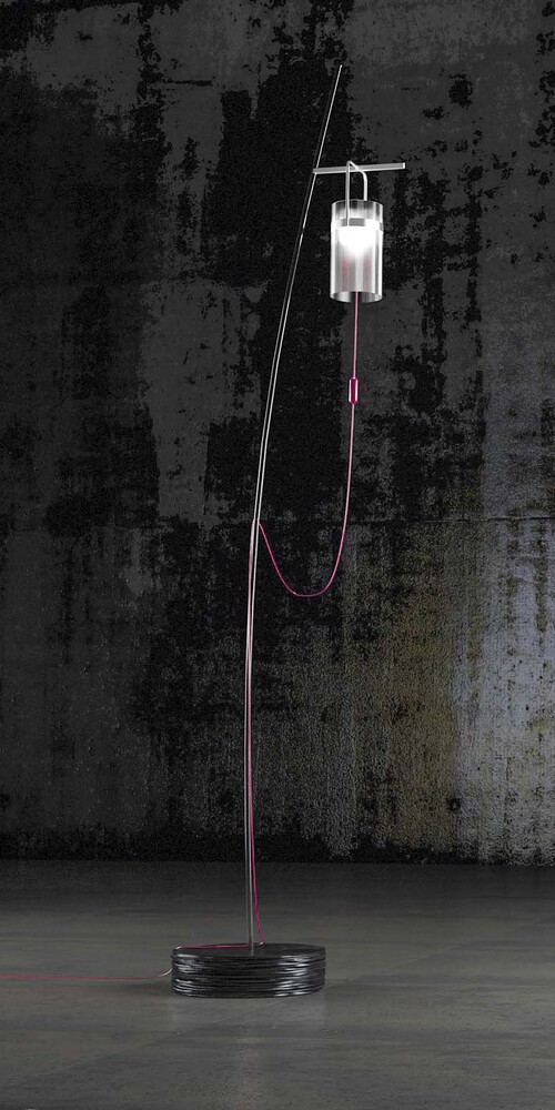Lampadaire Baxter, hampe d’acier et diffuseur de verre suspendu